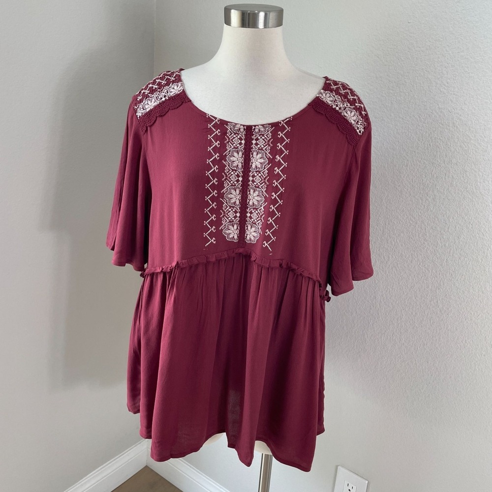 Knox Rose Womens Plus XXL Embroidered Boho Tunic Top Burgundy Short Sleeve Shirt